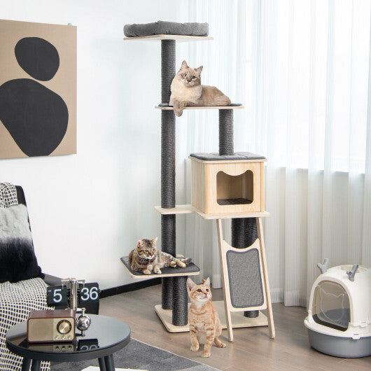 5-Tier Modern Wood Cat Tower with Washable Cushions-Gray W2B