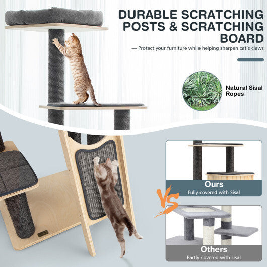 5-Tier Modern Wood Cat Tower with Washable Cushions-Gray W2B