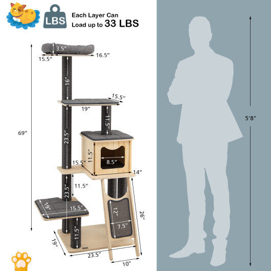 5-Tier Modern Wood Cat Tower with Washable Cushions-Gray W2B