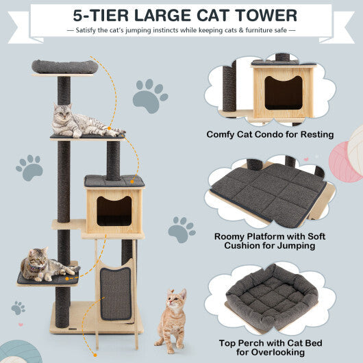 5-Tier Modern Wood Cat Tower with Washable Cushions-Gray W2B