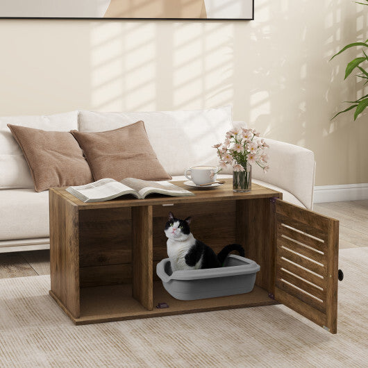 Cat Litter Box Enclosure with Louvered Door and Open Compartment