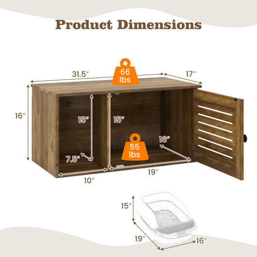 Cat Litter Box Enclosure with Louvered Door and Open Compartment