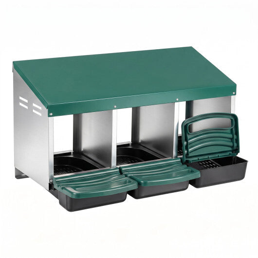 3-Compartment Roll Away Chicken Nesting Box for Egg Collection with Removable Trays and Landing Steps-Green W2B