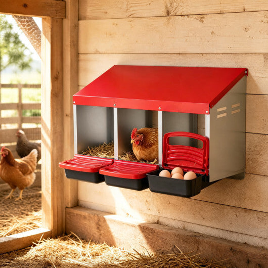 3-Compartment Roll Away Chicken Nesting Box for Egg Collection with Removable Trays and Landing Steps-Green W2B