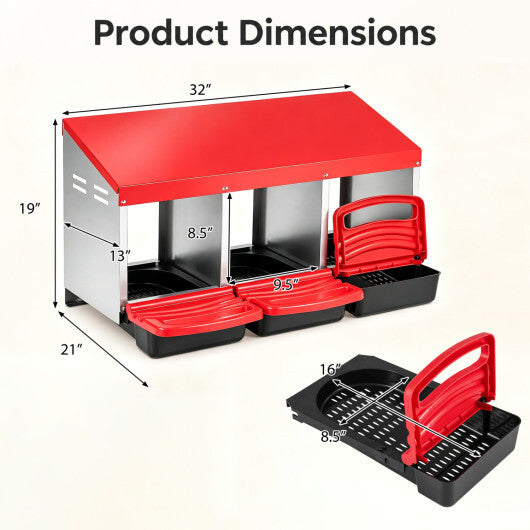 3-Compartment Roll Away Chicken Nesting Box for Egg Collection with Removable Trays and Landing Steps-Green W2B