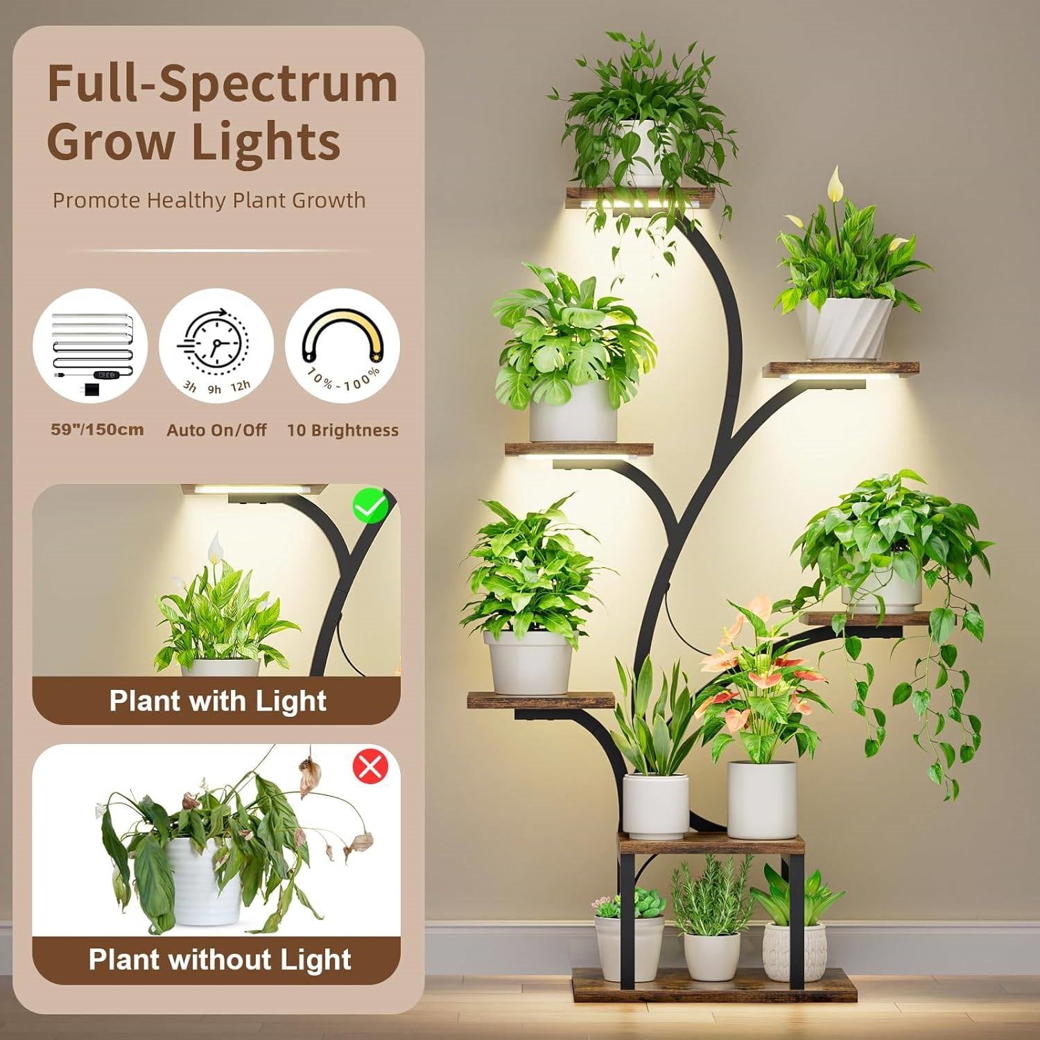 Modern 49-inch Tall Indoor Plant Stand Display Shelf with Grow Lights FastFurnishings