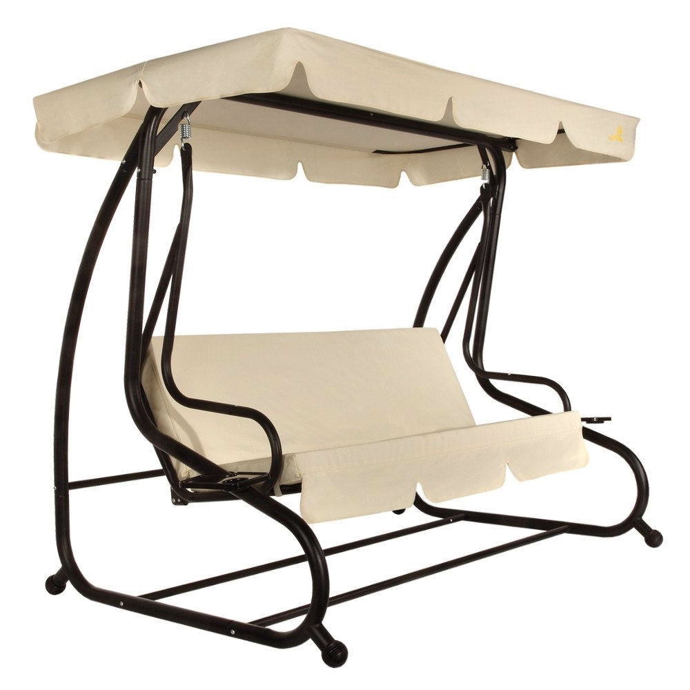 Outdoor 3-Seat Canopy Swing with Beige Cushions for Patio Deck or Porch FastFurnishings