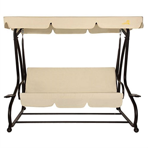 Outdoor 3-Seat Canopy Swing with Beige Cushions for Patio Deck or Porch FastFurnishings