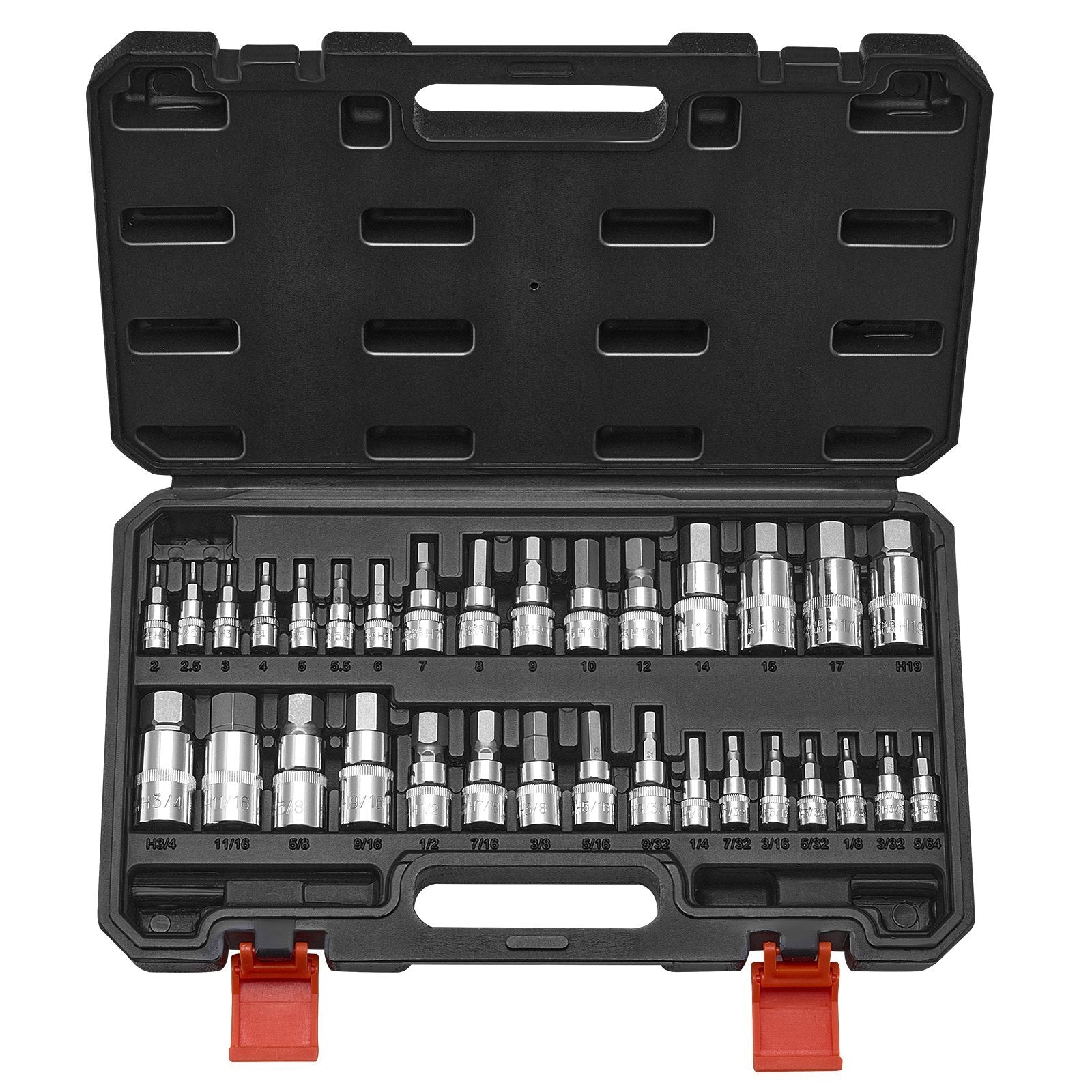 Hex Bit Socket Set, 32-Piece, S2 Alloy Steel and Cr-V Steel, Standard SAE and Metric, 1/4 in, 3/8 in, and 1/2 in Drives, with Enhanced Storage Case, Allen Socket Set for Mechanics, Auto Repair W2B