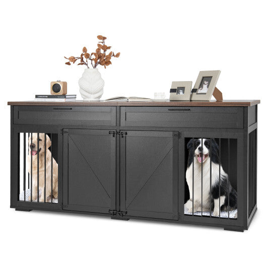 Double Dog Crate Furniture Large Breed Wood Dog Kennel with Room Divider-White