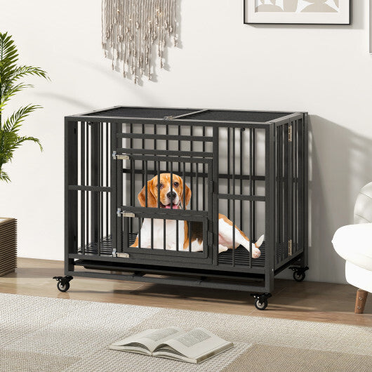 Foldable Heavy-Duty Metal Dog Cage Chew-proof Dog Crate with Lockable Universal Wheels W2B