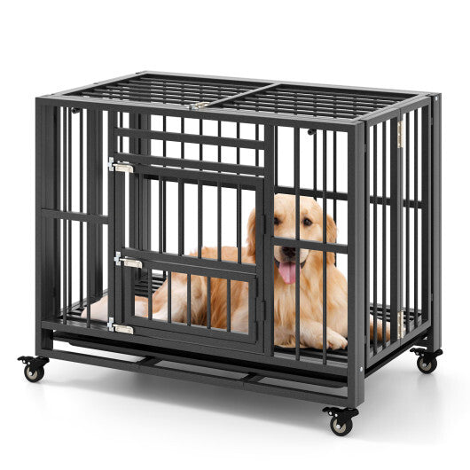 Foldable Heavy-Duty Metal Dog Cage Chew-proof Dog Crate with Lockable Universal Wheels W2B