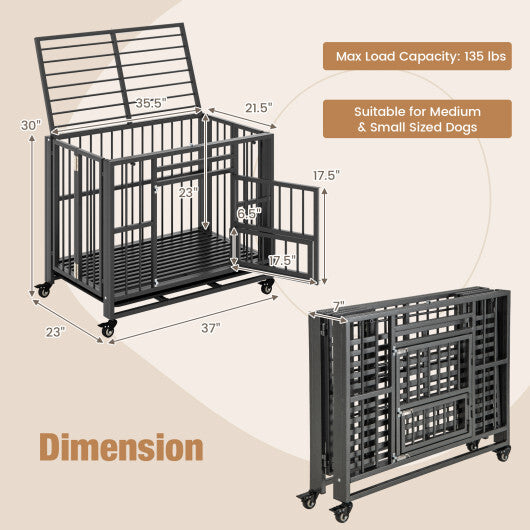 Foldable Heavy-Duty Metal Dog Cage Chew-proof Dog Crate with Lockable Universal Wheels W2B