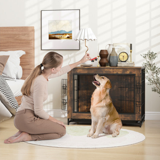 Dog Crate Furniture with Double Lockable Doors and Removable Pull-out Tray-M W2B