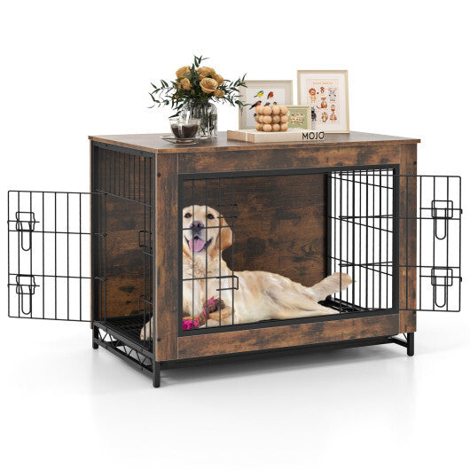 Dog Crate Furniture with Double Lockable Doors and Removable Pull-out Tray-M W2B