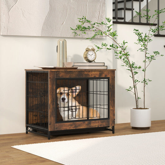 Dog Crate Furniture with Double Lockable Doors and Removable Pull-out Tray-M W2B
