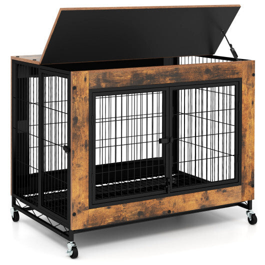 Industrial Dog Kennel with Flip-up Top 3 Lockable Doors and Removable Tray-Rustic Brown