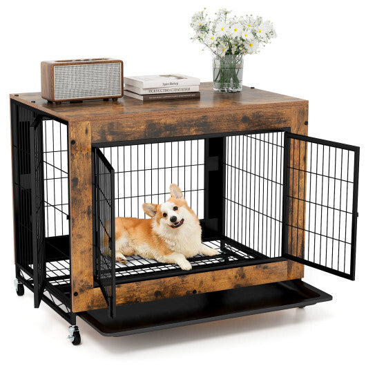 Industrial Dog Kennel with Flip-up Top 3 Lockable Doors and Removable Tray-Rustic Brown