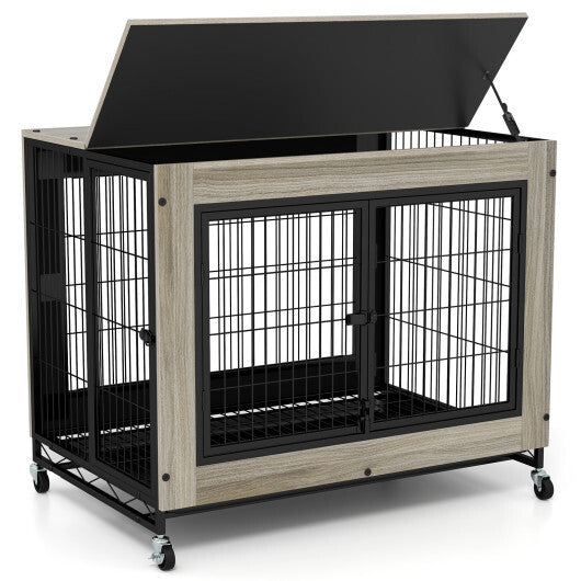 Industrial Dog Kennel with Flip-up Top 3 Lockable Doors and Removable Tray-Rustic Brown