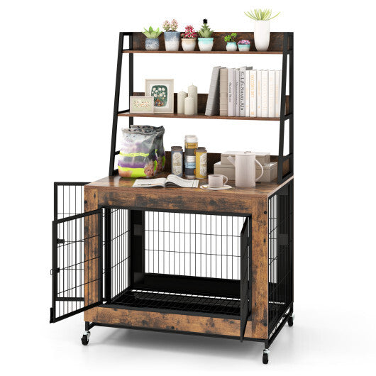 Industrial Dog Kennel Dog Crate Furniture with Storage Shelves-Rustic Brown