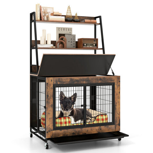 Industrial Dog Kennel Dog Crate Furniture with Storage Shelves-Rustic Brown