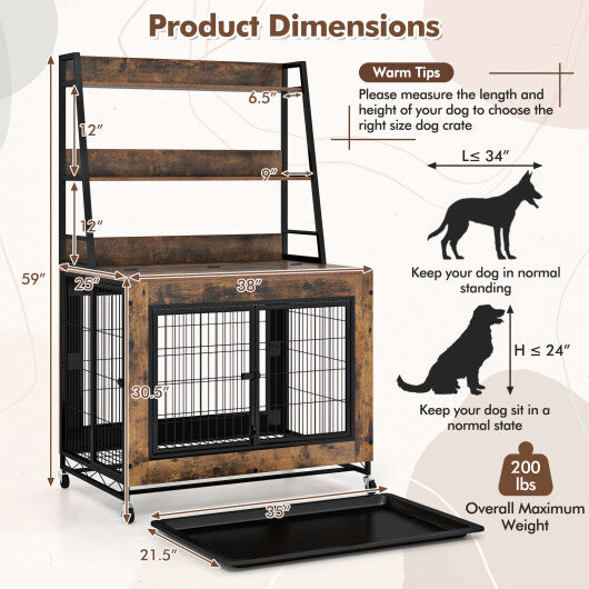 Industrial Dog Kennel Dog Crate Furniture with Storage Shelves-Rustic Brown