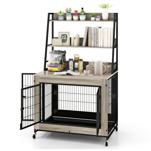 Industrial Dog Kennel Dog Crate Furniture with Storage Shelves-Rustic Brown