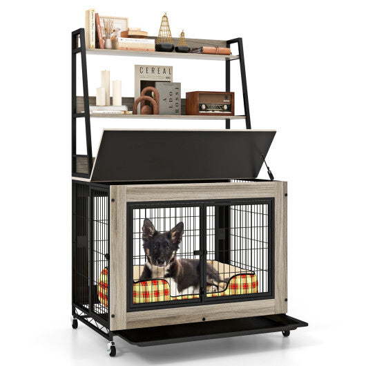 Industrial Dog Kennel Dog Crate Furniture with Storage Shelves-Rustic Brown