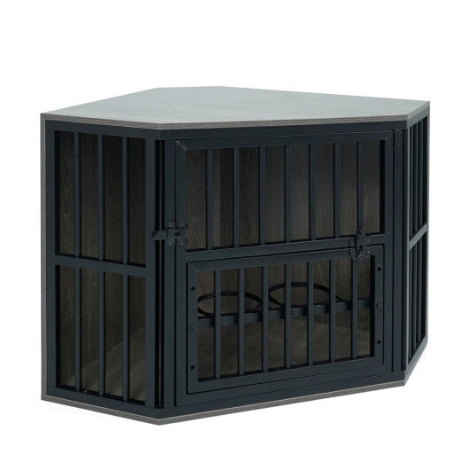 35.5 inches Wooden Dog Kennel End Table with 3-Position Dog Bowl Rack-Oak W2B