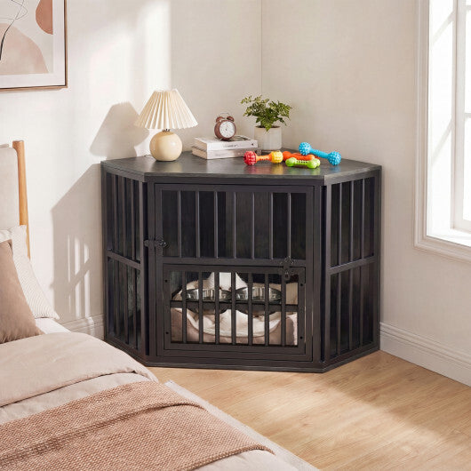 35.5 inches Wooden Dog Kennel End Table with 3-Position Dog Bowl Rack-Oak W2B