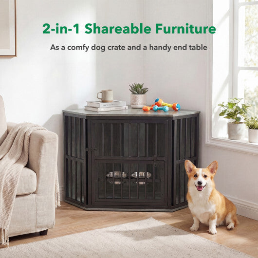 35.5 inches Wooden Dog Kennel End Table with 3-Position Dog Bowl Rack-Oak W2B