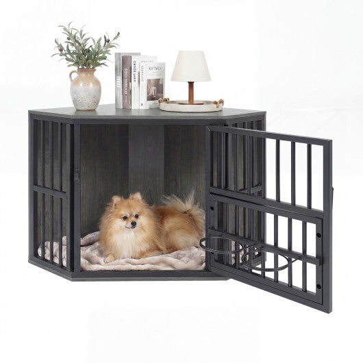35.5 inches Wooden Dog Kennel End Table with 3-Position Dog Bowl Rack-Oak W2B