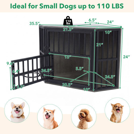 35.5 inches Wooden Dog Kennel End Table with 3-Position Dog Bowl Rack-Oak W2B
