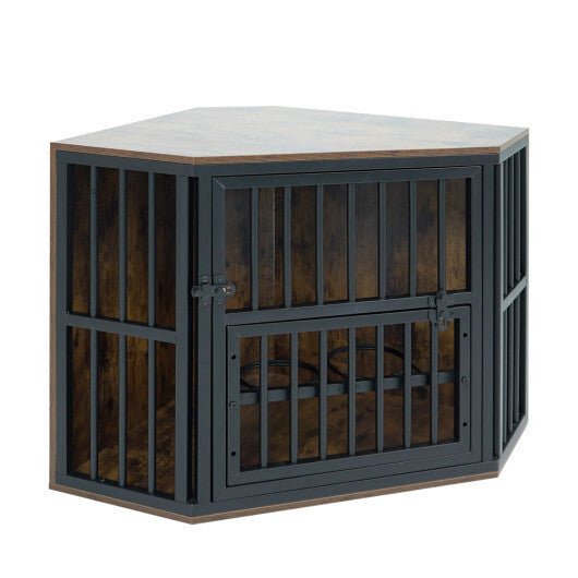 35.5 inches Wooden Dog Kennel End Table with 3-Position Dog Bowl Rack-Oak W2B