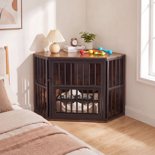 35.5 inches Wooden Dog Kennel End Table with 3-Position Dog Bowl Rack-Oak W2B