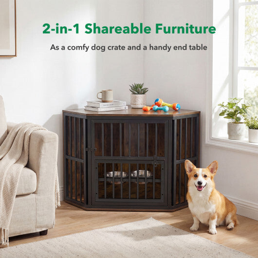 35.5 inches Wooden Dog Kennel End Table with 3-Position Dog Bowl Rack-Oak W2B