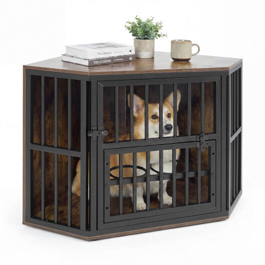 35.5 inches Wooden Dog Kennel End Table with 3-Position Dog Bowl Rack-Oak W2B