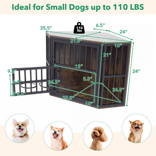 35.5 inches Wooden Dog Kennel End Table with 3-Position Dog Bowl Rack-Oak W2B