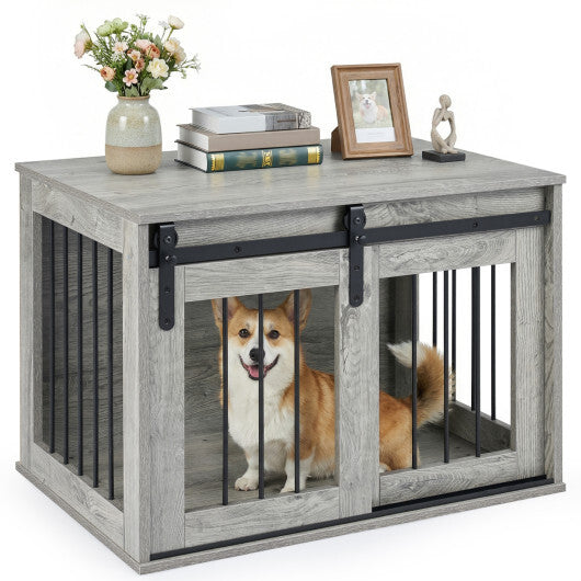 Dog Crate Furniture Heavy Duty Dog Kennel with Sliding Barn Door-Gray W2B