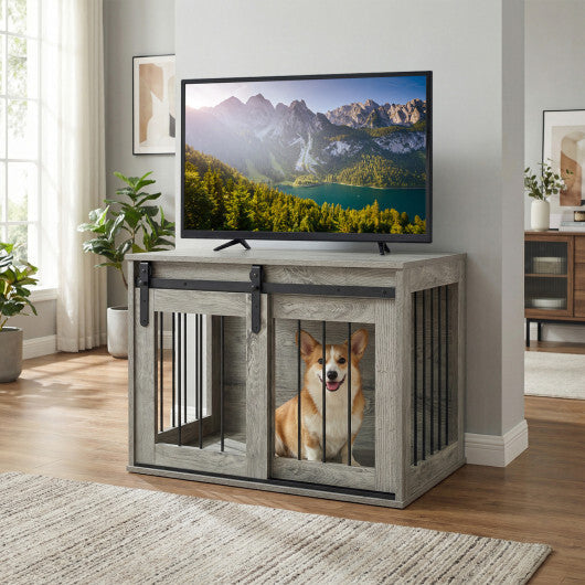 Dog Crate Furniture Heavy Duty Dog Kennel with Sliding Barn Door-Gray W2B