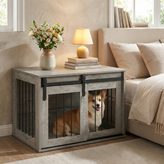 Dog Crate Furniture Heavy Duty Dog Kennel with Sliding Barn Door-Gray W2B