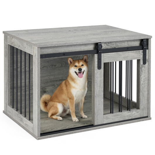 Dog Crate Furniture Heavy Duty Dog Kennel with Sliding Barn Door-Gray W2B
