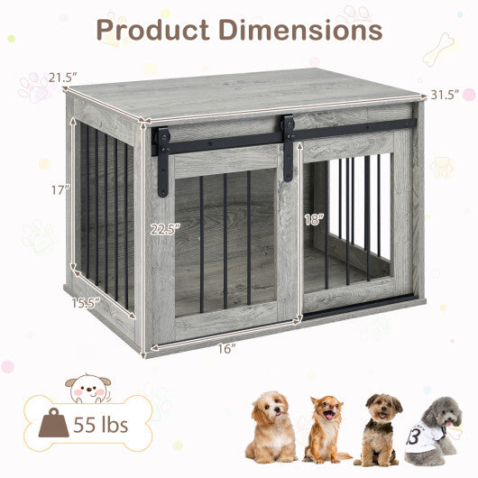 Dog Crate Furniture Heavy Duty Dog Kennel with Sliding Barn Door-Gray W2B