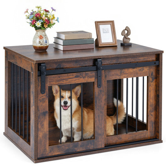 Dog Crate Furniture Heavy Duty Dog Kennel with Sliding Barn Door-Gray W2B