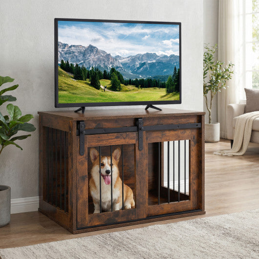 Dog Crate Furniture Heavy Duty Dog Kennel with Sliding Barn Door-Gray W2B
