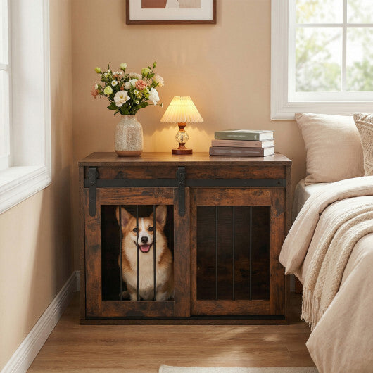 Dog Crate Furniture Heavy Duty Dog Kennel with Sliding Barn Door-Gray W2B