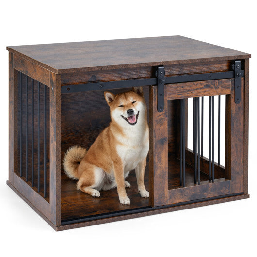 Dog Crate Furniture Heavy Duty Dog Kennel with Sliding Barn Door-Gray W2B