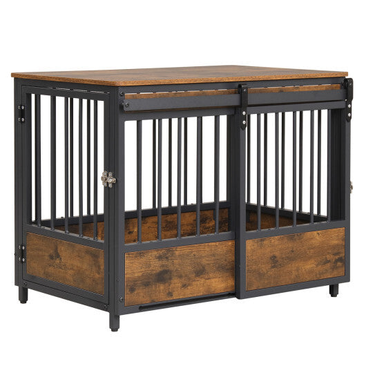 Furniture Style Dog Crate with 2 Doors and Safety Latch and Dog Mat-Rustic Brown W2B