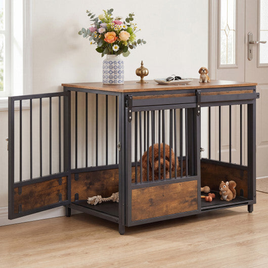 Furniture Style Dog Crate with 2 Doors and Safety Latch and Dog Mat-Rustic Brown W2B