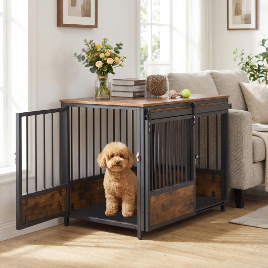 Furniture Style Dog Crate with 2 Doors and Safety Latch and Dog Mat-Rustic Brown W2B